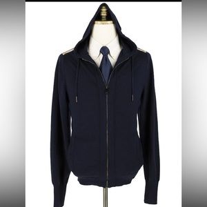 Burberry Brit Blue Wool Rib Knit Nova Tartan Plaid Trim Piped Hooded Sweater XL